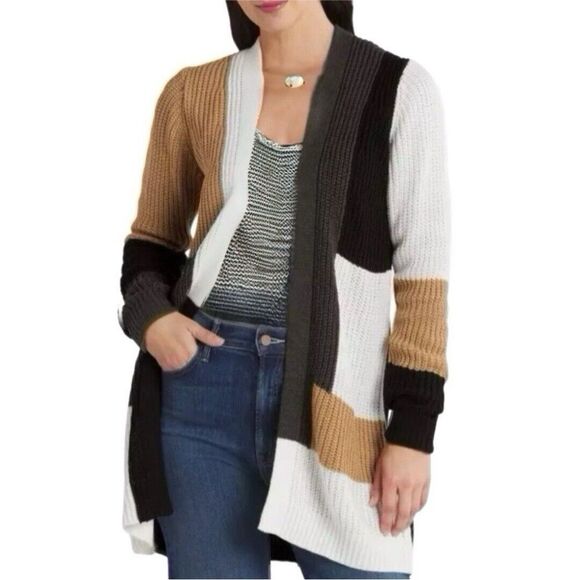 Fortune + Ivy Tan Black Cream Colorblock Open Cardigan Size Large - Picture 10 of 10